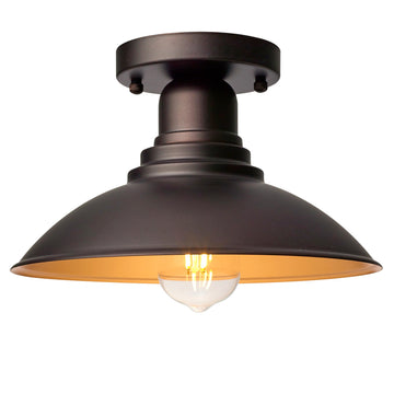Outdoor Semi Flush Mount Porch Light, Oil Rubbed Bronze with Gold Accents, E26 Based Socket, 9 Inch Farmhouse Metal