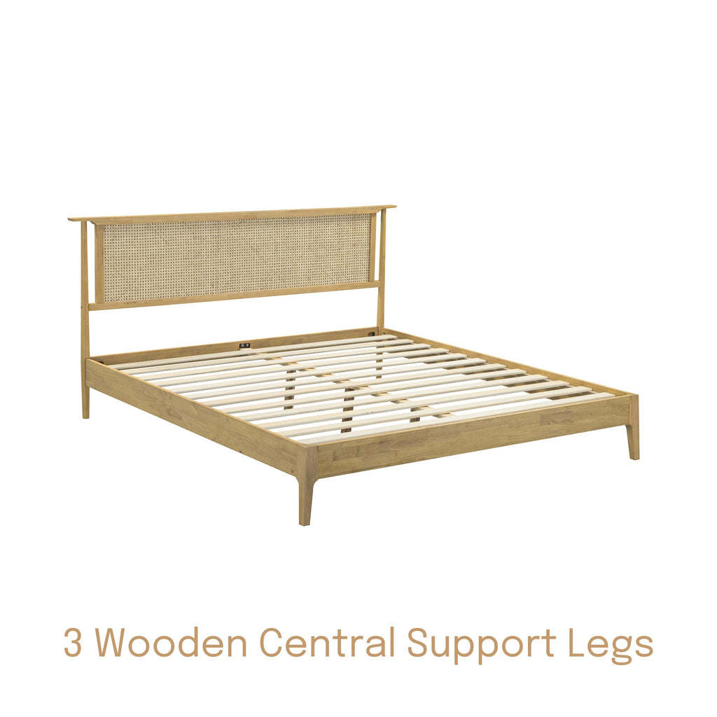 Ruby Wooden Bed Frame with Headboard and Natural Rattan, Solid Oak Foundation with Silent Slats, 1000 Lb Capacity