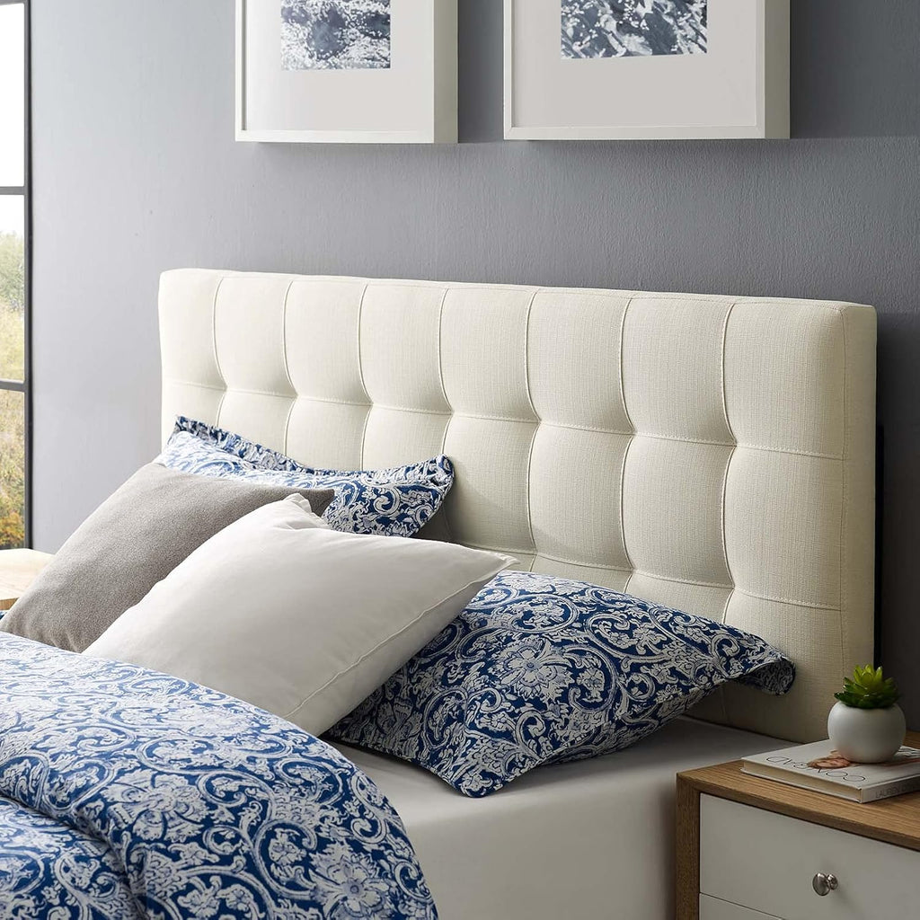 Lily Tufted Linen Fabric Upholstered Queen Headboard in Ivory