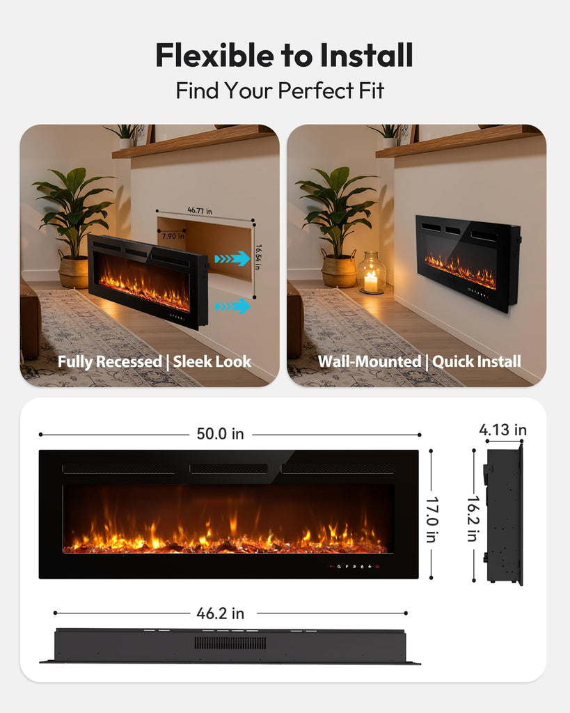 50 Inch Electric Fireplace Recessed Wall Mounted