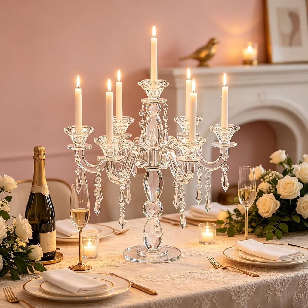 14inch Clear Crystal Candle Holder, Elegant 7-Arms Candlestick Holders Crystal Candelabra Decorative Pillar Candle