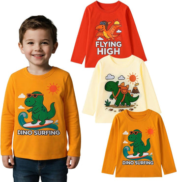 Toddler Boys Long Sleeve Shirts Graphic Cotton Casual Crewneck Tops, Fall Winter Layering Tees 3 Pack