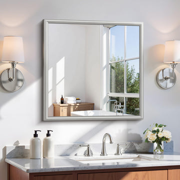 24x24 Square Silver Mirror, Raised Metal Framed Bathroom Mirrors for Over Sink, Shatterproof Tempered Glass