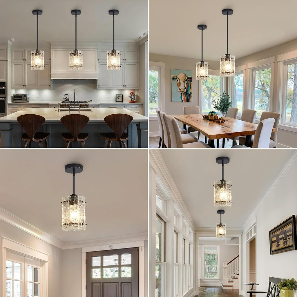 Black Glass Pendant Lights Kitchen Island, Water Ripple Round Pendant Lights Adjustable Modern Hanging Pendant Light