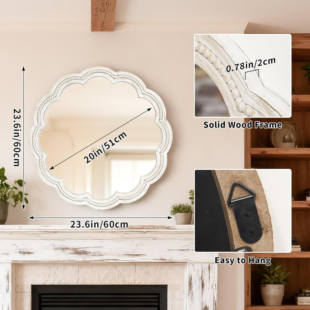 24 Inch Round Wall Mirror, Whitewashed Wooden Frame with Scalloped Edge & Beaded Trim, Decorative Farmhouse Boho Mirror