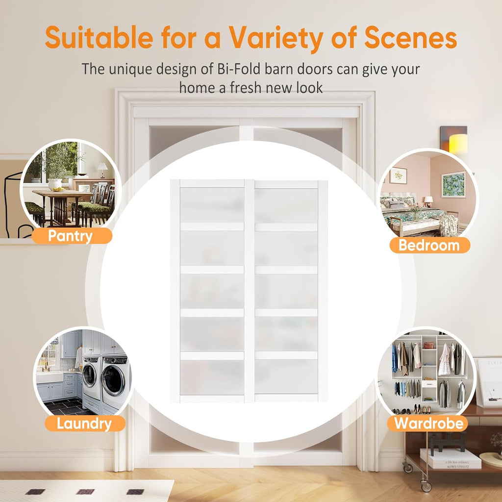 Sliding Closet Door, 5-Lite Frosted Glass Interior Door, 60"(Double 30") x 80" Closet Doors with Com