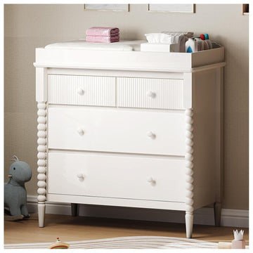 White Nursery Dresser with Changing Table, 4 Drawers for Storage | Jenny Lind Spindle Style Dresser and Removable