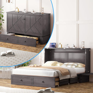 Murphy Bed Queen with Mattress Included, Hideaway Wallbed Cabinet Bed with 2 Storage Drawers, USB Charging Ports & Headboard, Space-Saving Chest Beds for Home, Guest Room, Gray