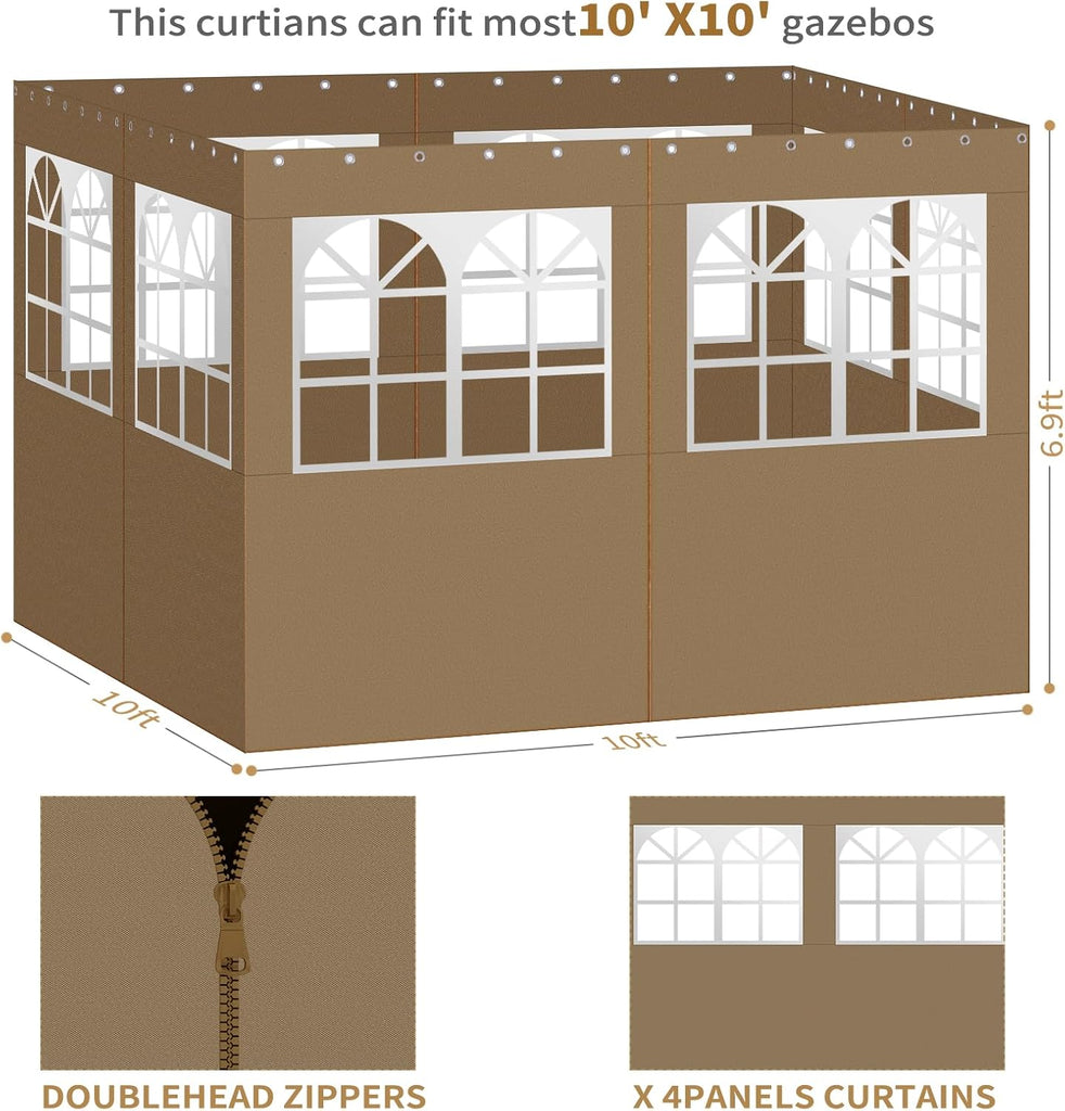 Gazebo Privacy Curtains 10' x 10' with PVC Windows, 4-Panels Side Wall with Zipper Universal Replacement Canopy
