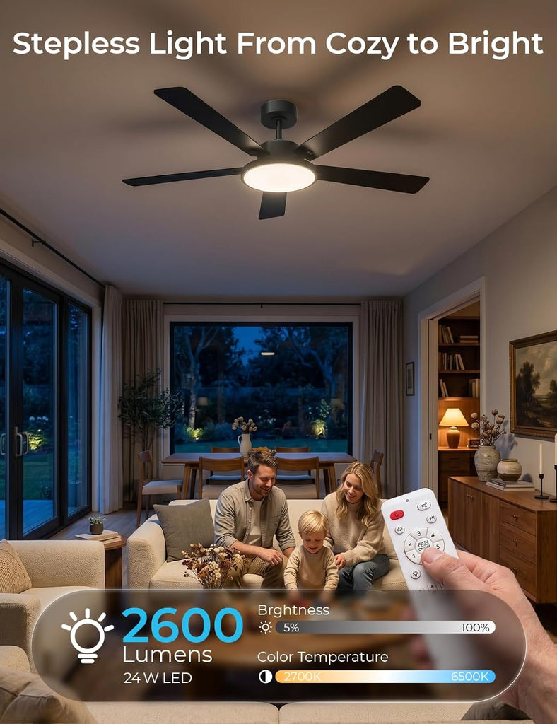 Smart Ceiling Fan with Lights, 52'' RGBCW Ceiling Fan with Lights and Remote App Voice Control, Reversible DC Motor