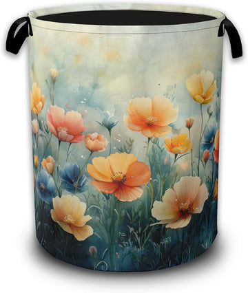 Watercolor Wildflower Laundry Basket, Laundry Hamper Waterproof Oxford Cloth Tote Bag,Clothes Storage Bucket
