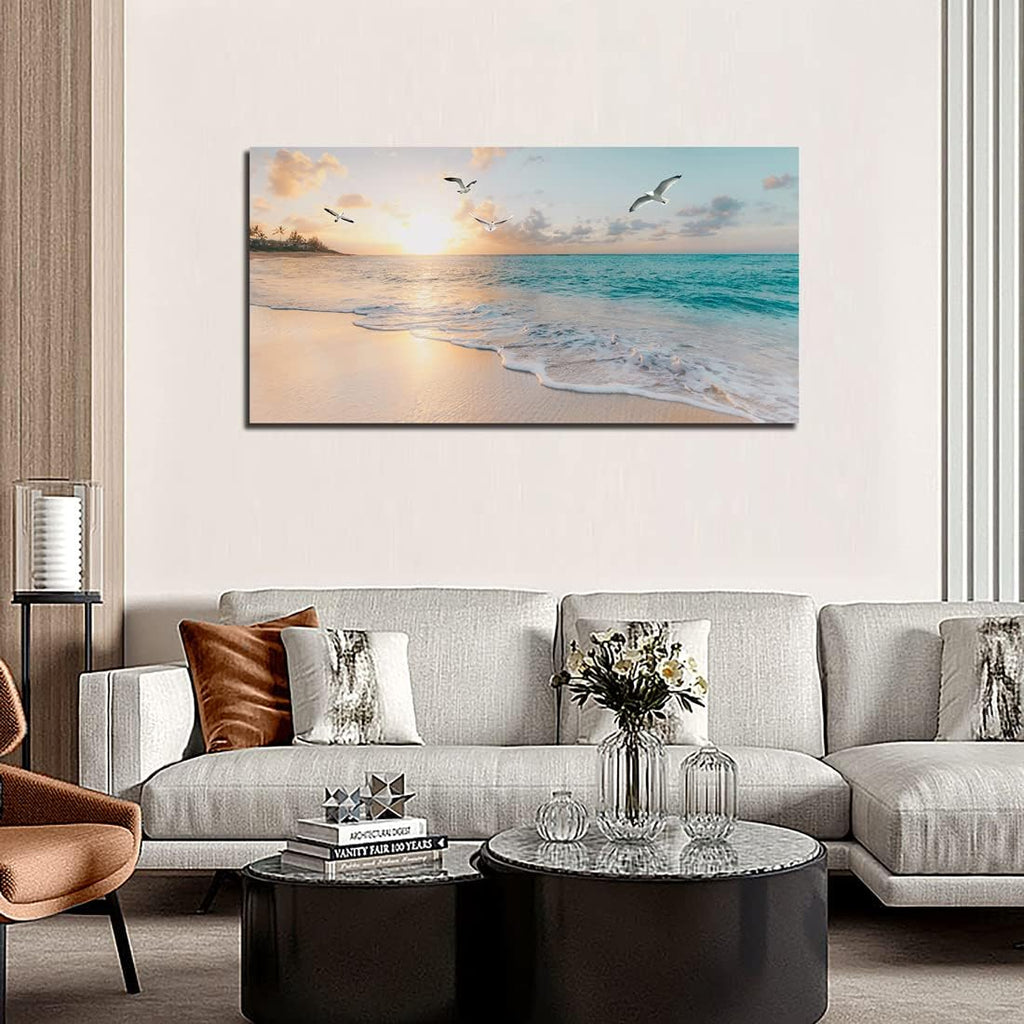 Beach Wall Art Decor Ocean Canvas Picture for Wall Gold Sunset Painting Blue Seascape Theme Art Print Home Office