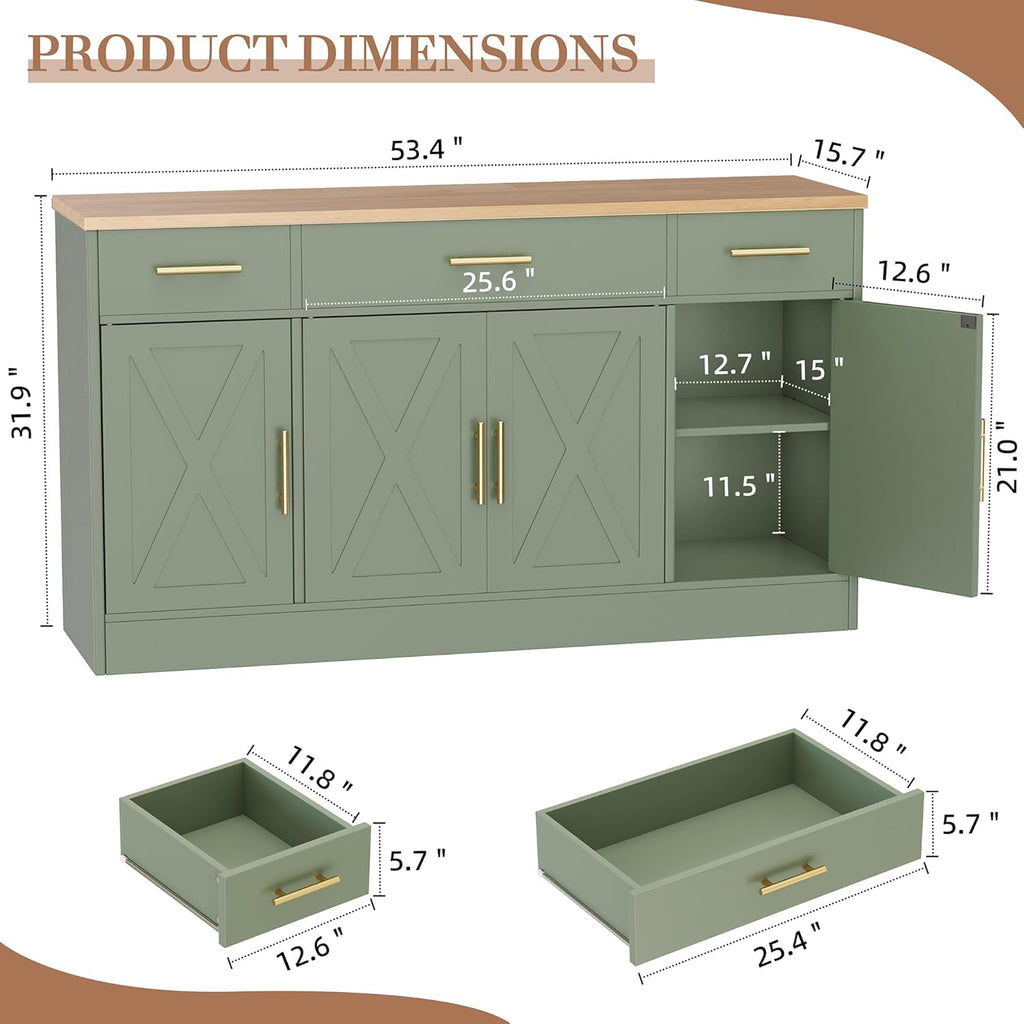 Buffet Cabinet with Storage,53.4" Large Kitchen Storage Cabinet with 3 Drawers and 4 Doors,Wood Farmhouse Buffet