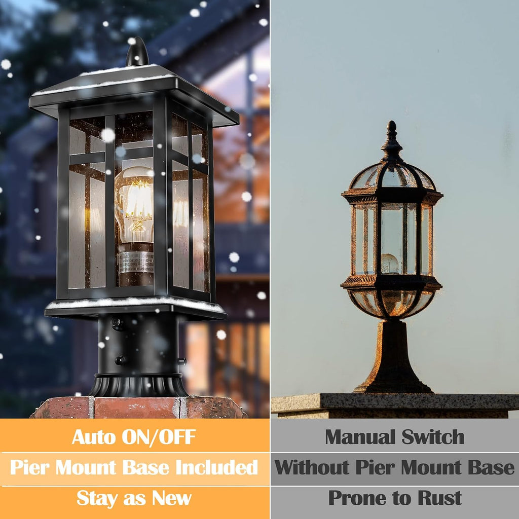 2 Packs Outdoor Post Light, Black Pole Lantern Lighting Fixture with Pier Mount Base