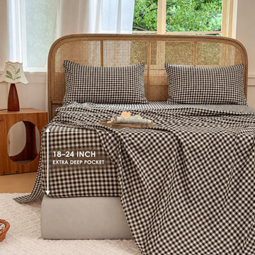 18-24 Inches Extra Deep Pocket Queen Sheets, Mocha Gingham