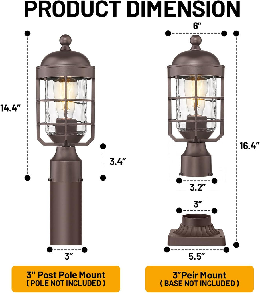 Outdoor Post Lights Lamp Post Light Fixture with Water Ripple Glass Industrial Lantern Cage