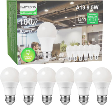 A19 E26 LED Light Bulbs, Energy-Efficient 9.5W, 1490 Lumens, 100 Watt Equivalent, 5000K Daylight White, 30,000 Hour