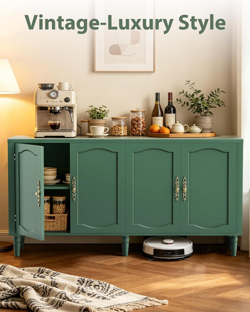 63" Sideboard Buffet Cabinet, Mid Century Modern Credenza Storage Cabinet with Carved Handle & Adjustable Shelves