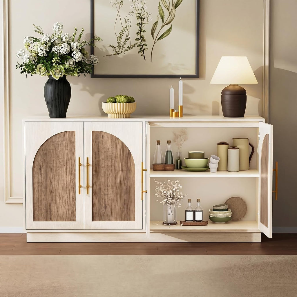 62'' Mid Century Modern Buffet Cabinet with Arch Doors, White and Natural | Adjustable Shelves, Gold Metal Handle