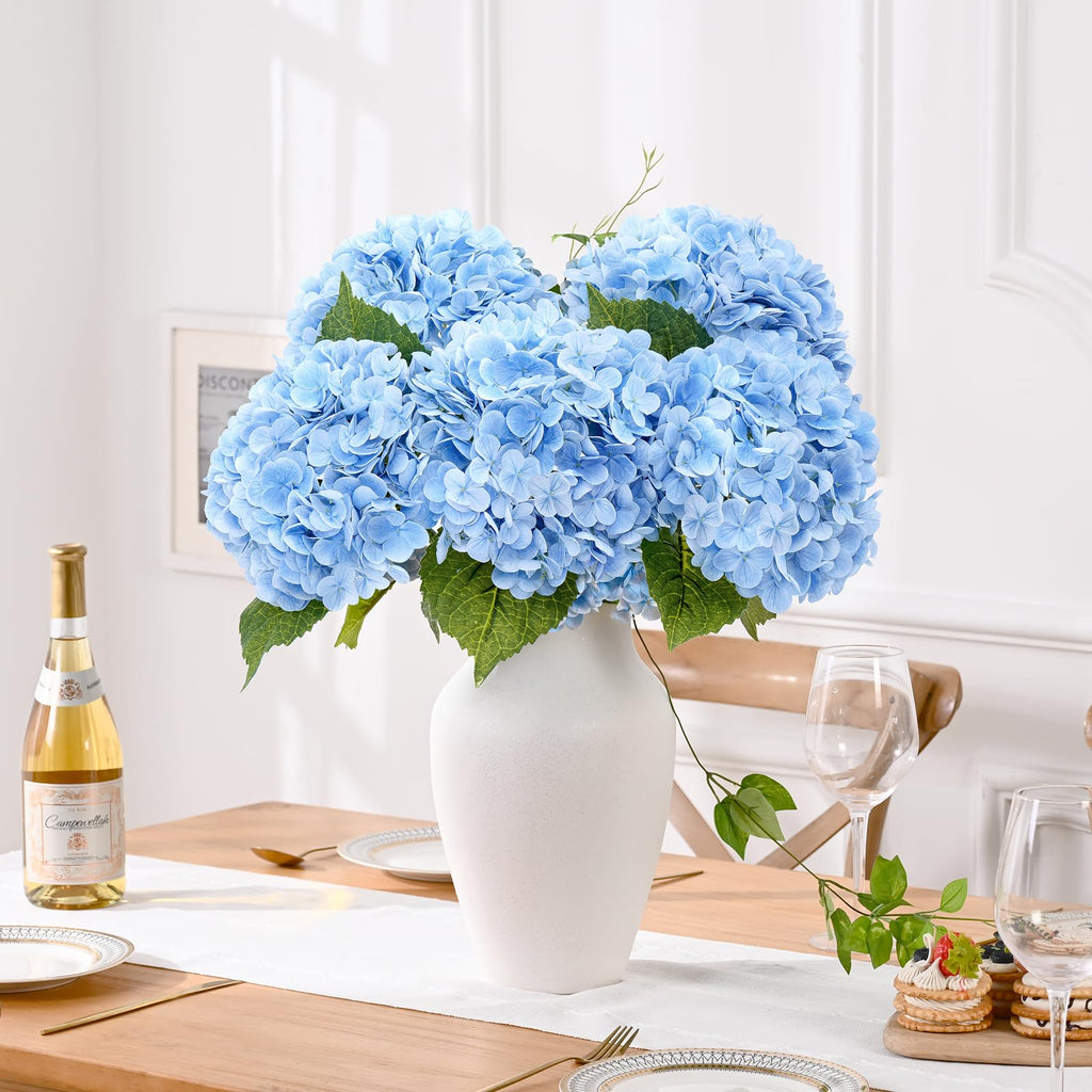 21" Real Touch Blue Hydrangea Artificial Flowers with Long Stem & Leaves, Full Latex Faux Hydrangea Flowers Decor