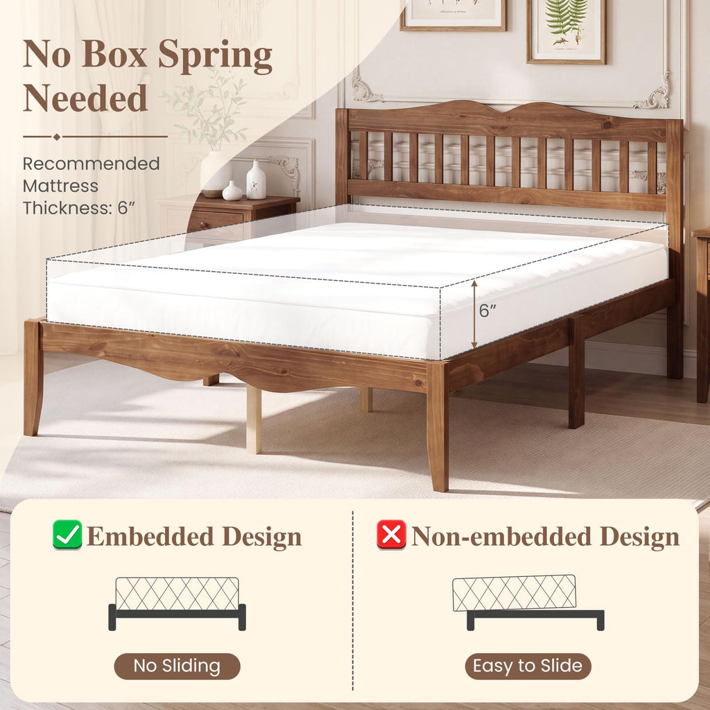 Full Size Wooden Bed Frame with Slatted Headboard, Walnut