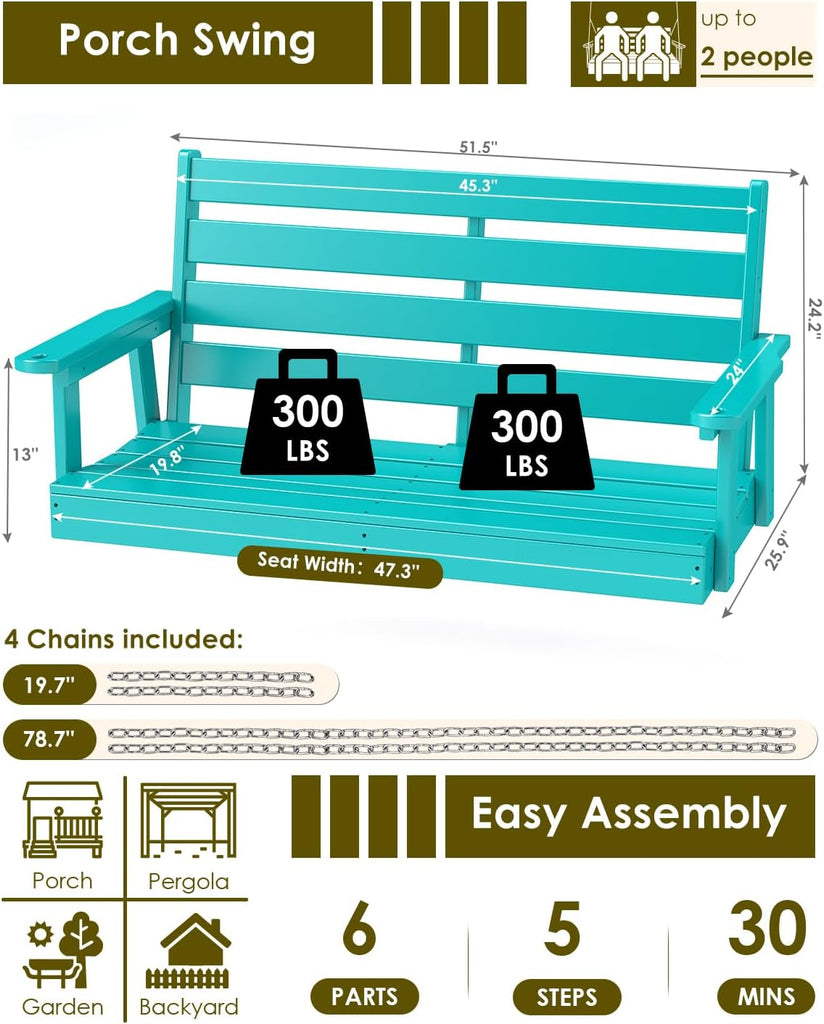 Outdoor Porch Swing, 2-Person HDPE Patio Bench Swings, Aqua | 51" Extra Wide | 4 Stainless Steel Chains | 600 lb
