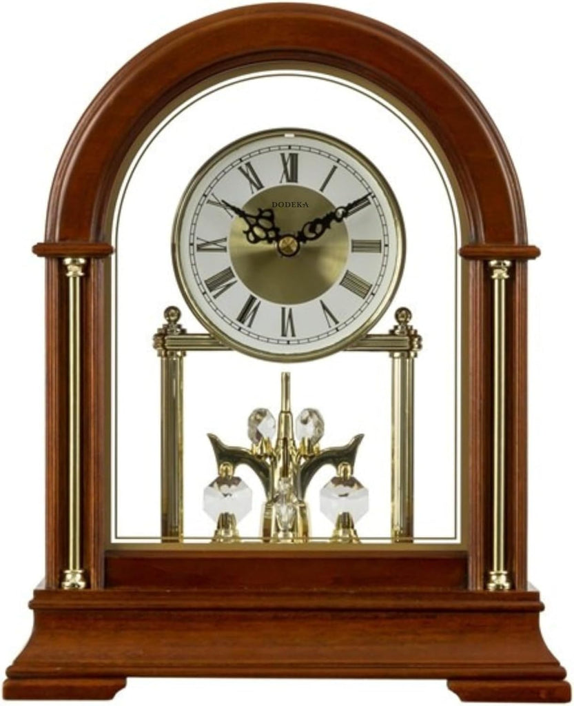 Wooden Mantel Clock TCW001DB Rotating Pendulum and Crystals Desktop Musical Hourly Chime Luxury Style for Bedroom, Home, Kitchen