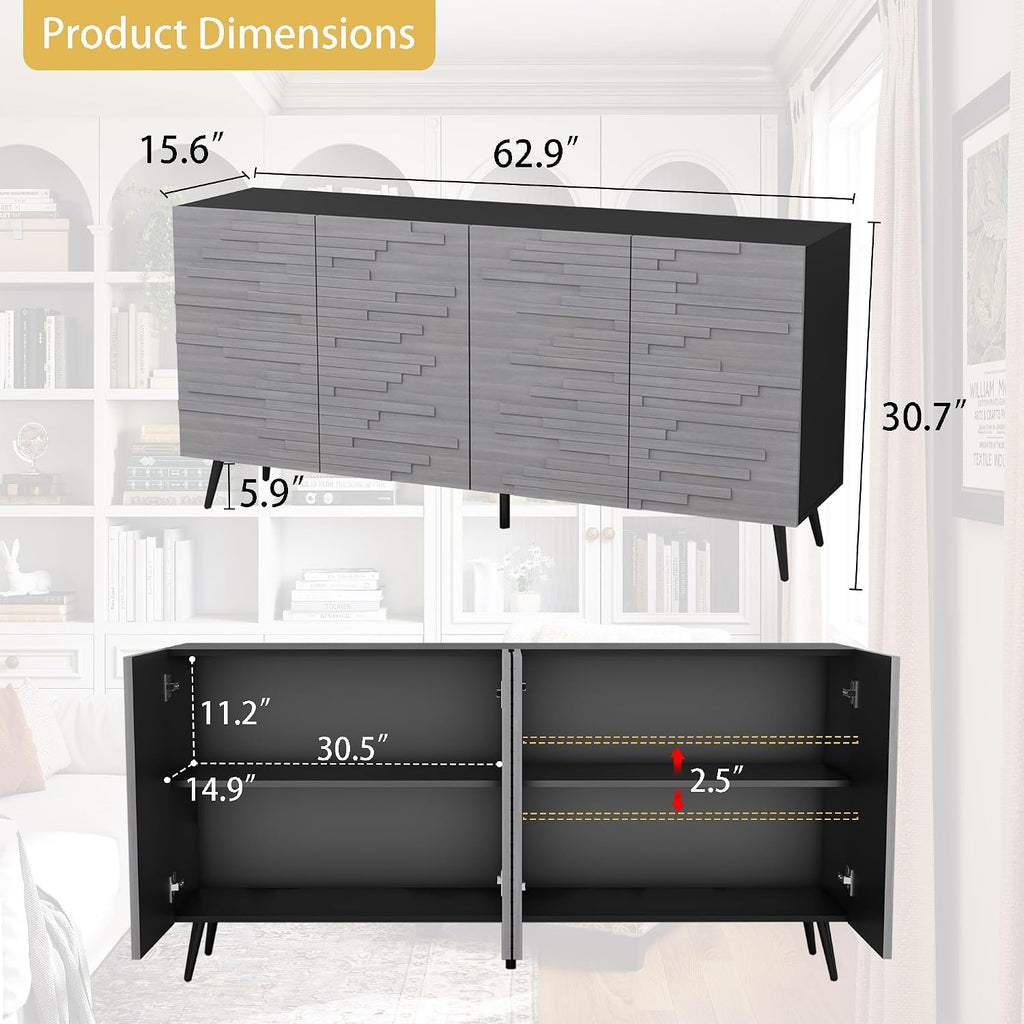 Modern Credenza Storage Cabinet: 63" Grey and Black Fluted Sideboard Buffet Cabinet with 4 Doors, Mid Century Wood
