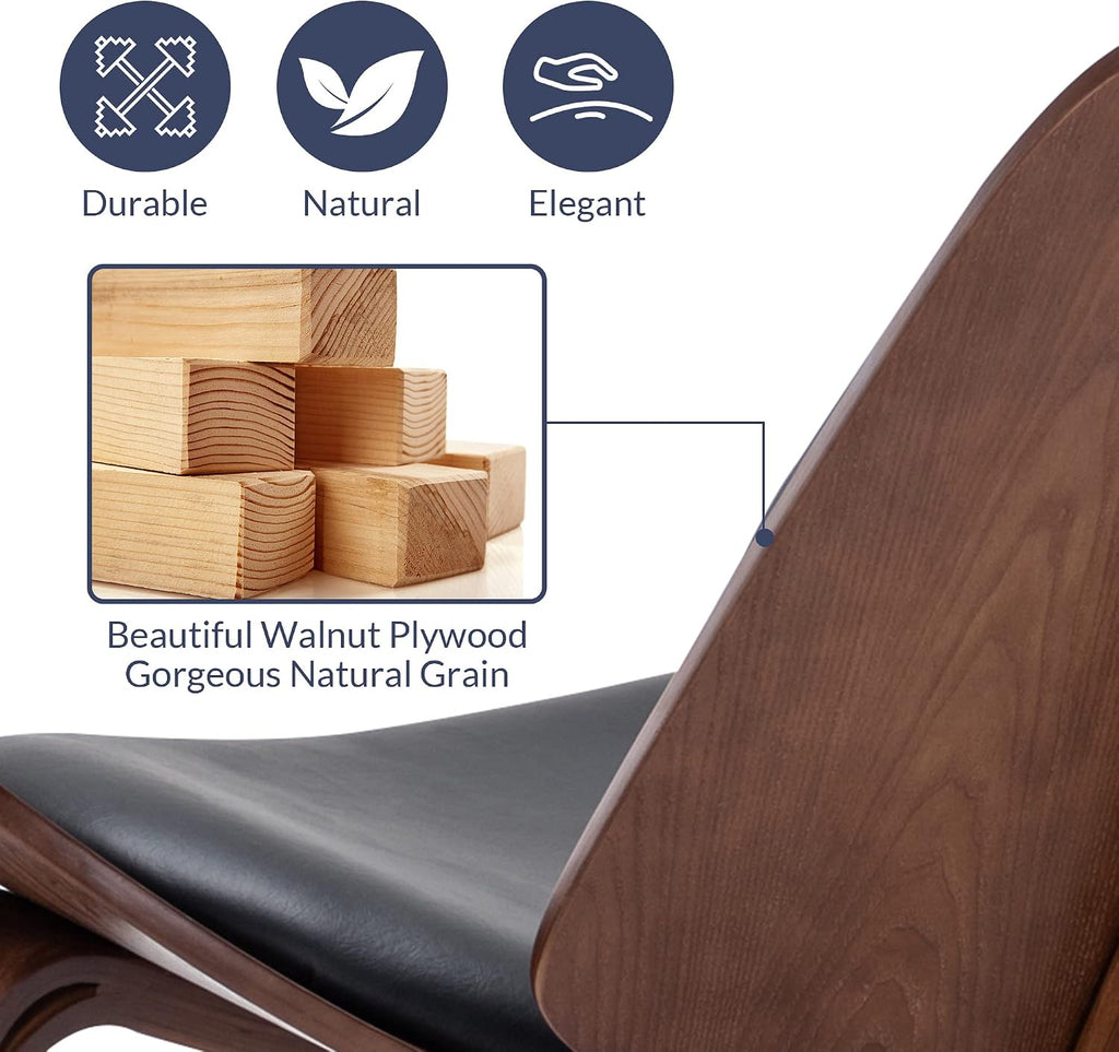 Mid Century Modern Tripod Plywood Lounge Chair Walnut Bentwood Upholstered Faux Leather, Black