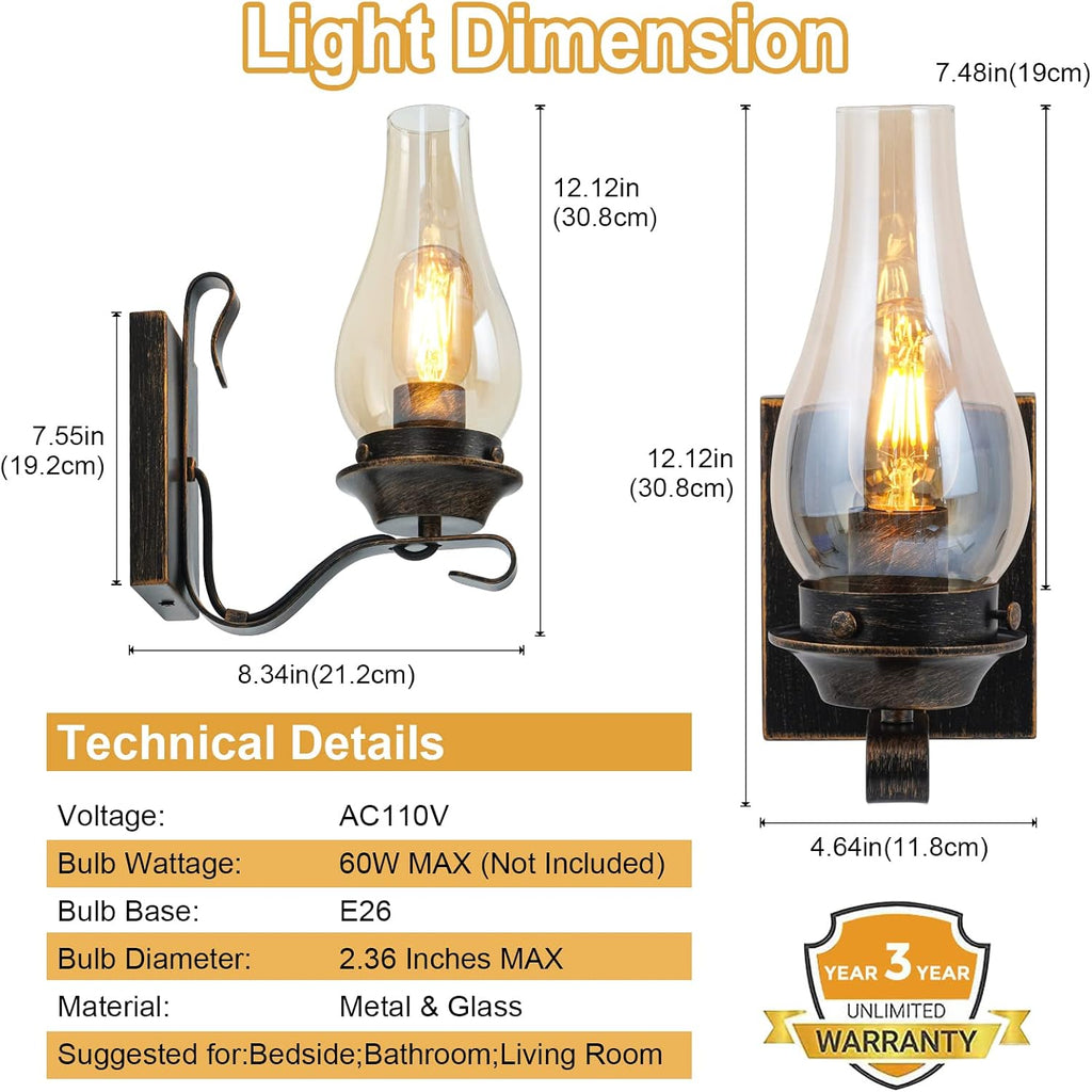 Wall Sconces Sets of 2, Oil Rubbed Bronze Hardwired Wall Sconce Indoor, Retro Rustic Wall Lamps with Amber