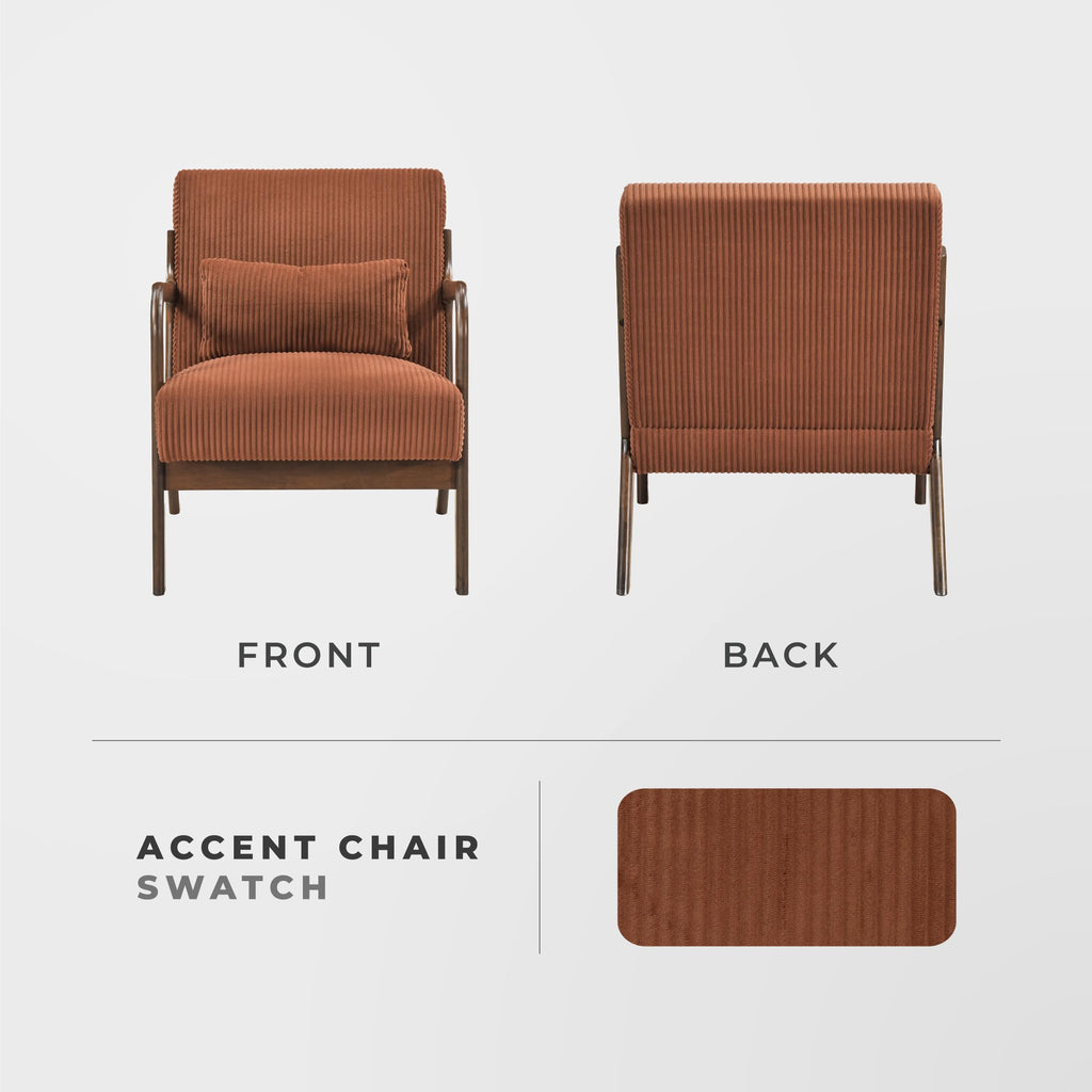 Mid Century Modern Accent Chair-with Solid Wood Armrests and Legs, 1 Lumbar Pillow, Cushioned Seat and Backrest