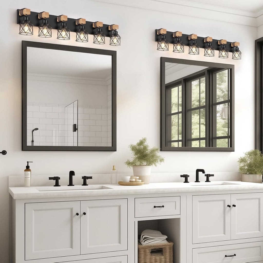 6-Light Bathroom Vanity Light, Bathroom Wall Lamps Over Mirror | Rustic Wood & Black Metal Shade, Wood Black Vanity