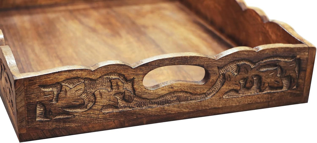 Hand Carved Wooden Serving Tray - Decorative Breakfast Tray with Handles - Rustic Wooden Food Tray with Intricate