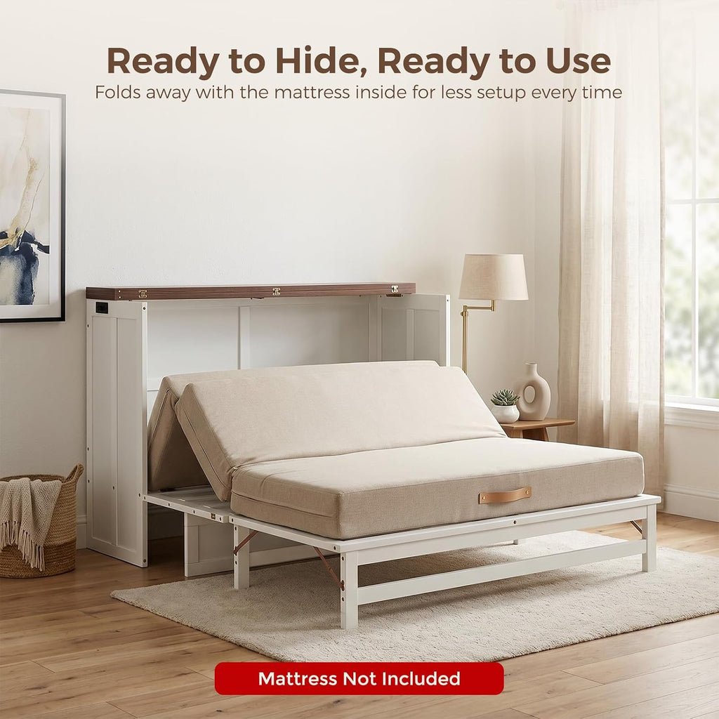 Queen Murphy Bed with Storage Drawer and USB Port, Wall Murphy Bed Frame with Charging Station, Foldable Cabinet
