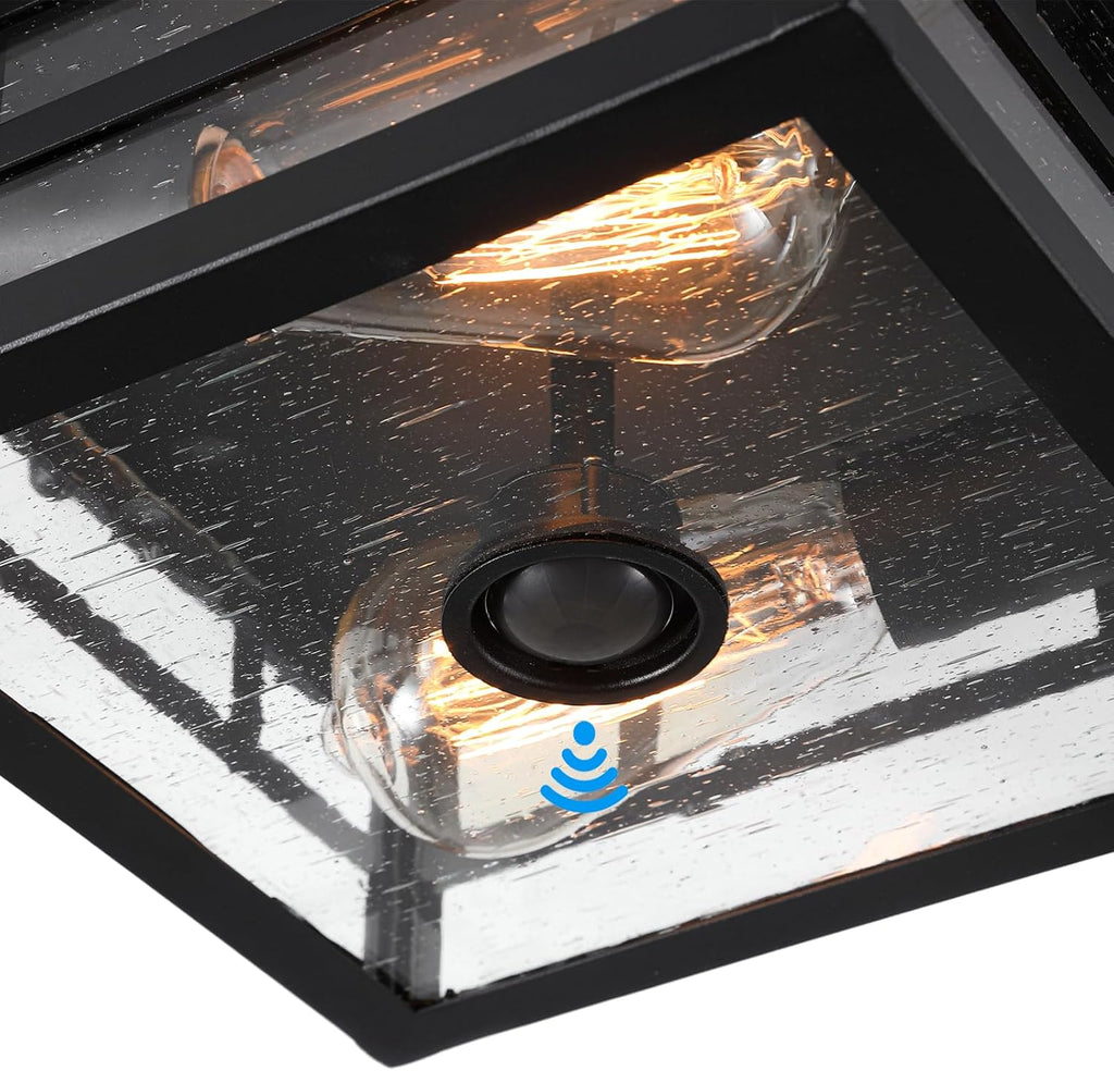 Outdoor Flush Mount Motion Sensor Ceiling Light - Timeless Industrial Design with Seeded Clear Glass for Your Porch