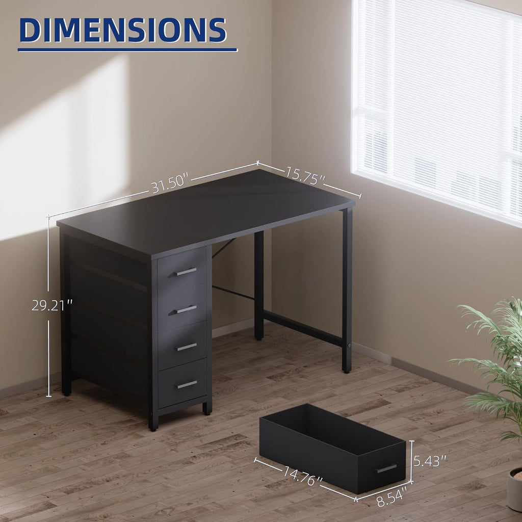 32 Inch Computer Desk with 4 Drawers Small Office Desk Bedroom Study Writing Simple Modern Computer Table Black