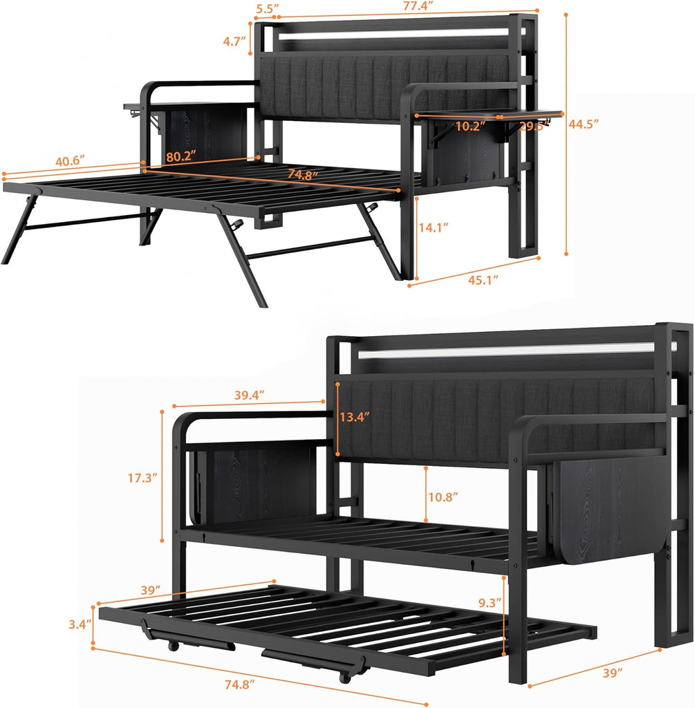 Daybed with Trundle and LED Light, Heavy Duty Metal Twin Bed Frame with Upholstered Storage Headboard & Charging