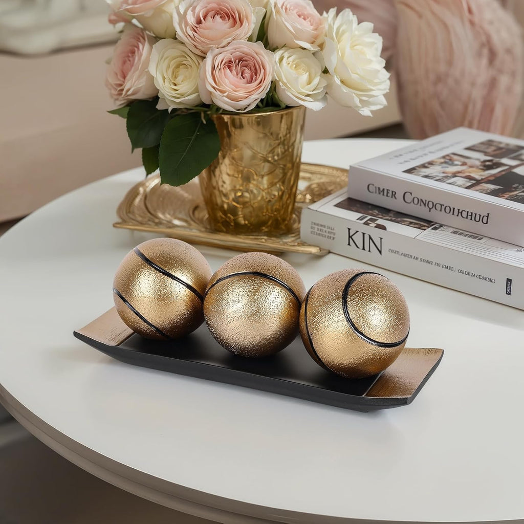 Decorative Tray with Balls Set, Black Gold Decor Orbs TV Stand, Coffee Table Centerpiece, Elegant Orbs Decorative