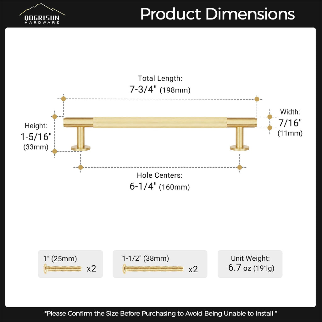 Solid Brass Cabinet Pulls, 6-1/4-Inch Hole Center Handles