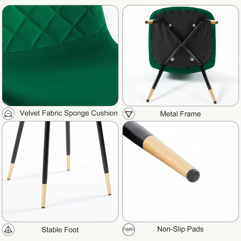 Green Velvet Dining Chairs Set of 6, Modern Kitchen & Dining Room Side Chairs with Black and Gold Metal Legs for Home