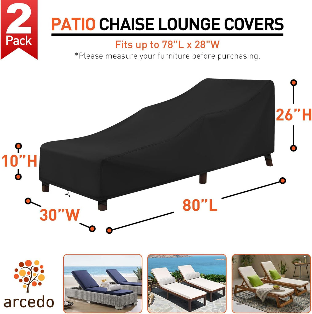 Patio Chaise Lounge Cover Waterproof 2 Pack, 80" x 30" x 26" H,Black - Set of 2