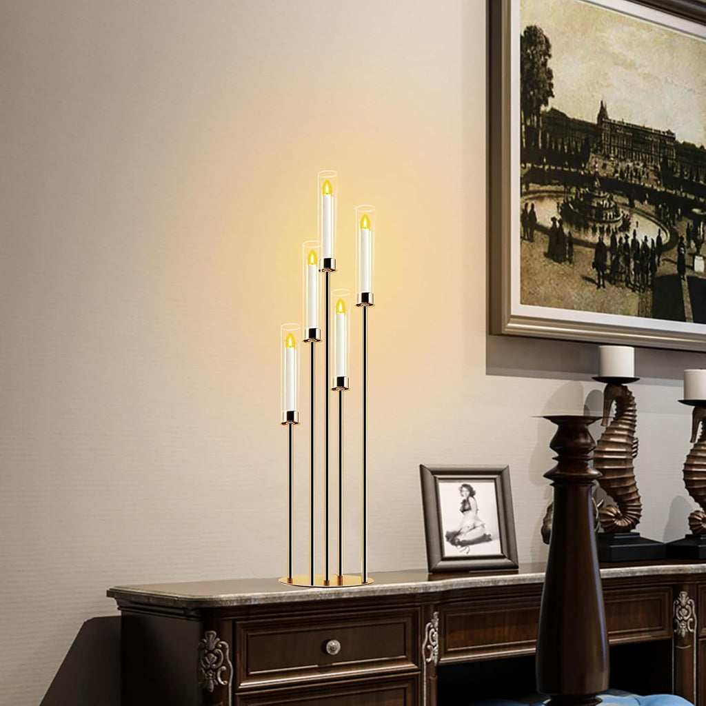 Gold 5-Arm Metal Cluster Taper Candelabra Candle Holders Includes Led Candles & Remote Control, Votive Pillar Candle