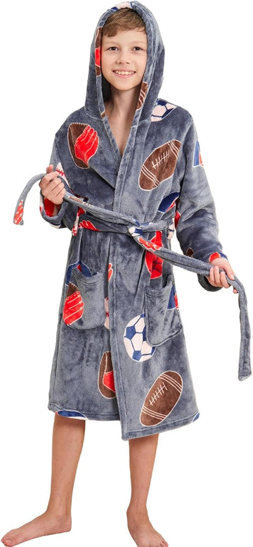 Boys Fleece Robe, Hooded Soft Fuzzy Bathrobe for Kids