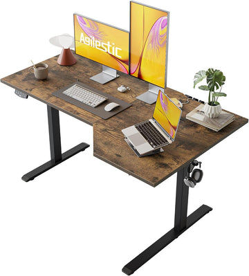 55 x 32 Inch Corner L Shaped Electric Standing Desk, Rustic Brown | Electric Height Adjustable, L-shape Workspace