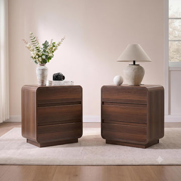 Modern Nightstand Set of 2 with Charging Station, Wood Bedside Table with 3 Drawers, Night Stands (Walnut)