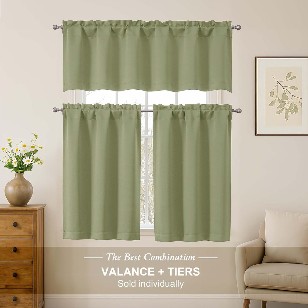 Sage Green Valance for Windows, Small Blackout Kitchen Valance Curtain, Dual Rod Pocket Thermal Insulated Short