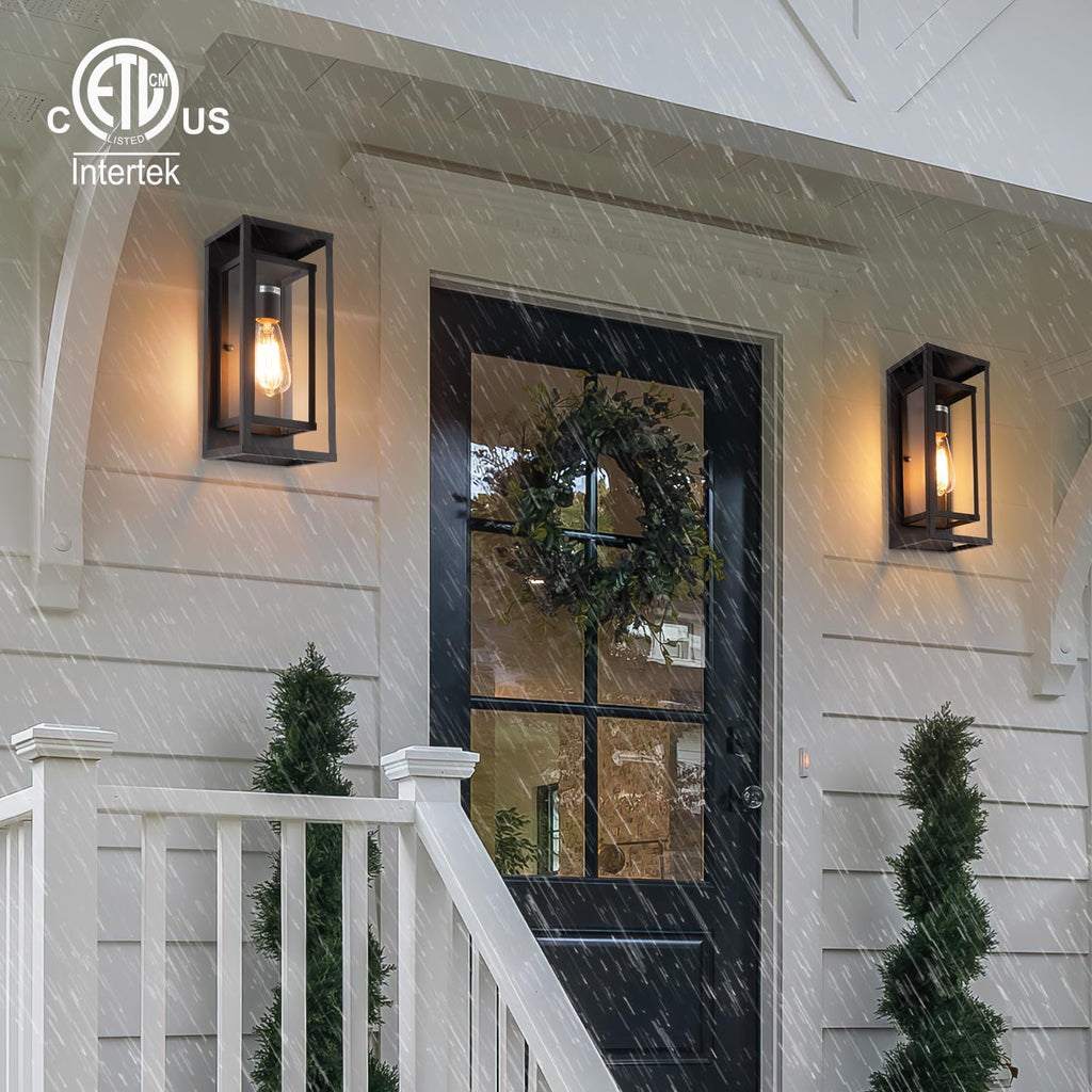 14" Classic Outdoor Wall Sconce 1 Light in Matte Black Rectangular Metal Frame and Clear Glass Shade Waterproof Porch