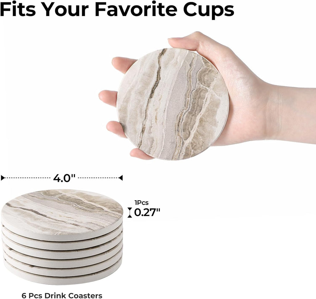 Coasters, Absorbent Drink Coasters, Marble Style Ceramic Stone Coaster for Drink Tabletop Protection, Modern - Set of 6