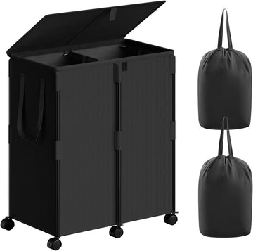 140L Double Laundry Hamper with Lid and 6 Wheels, Rolling Laundry Basket | Metal Frame Laundry Sorter 2 Section with