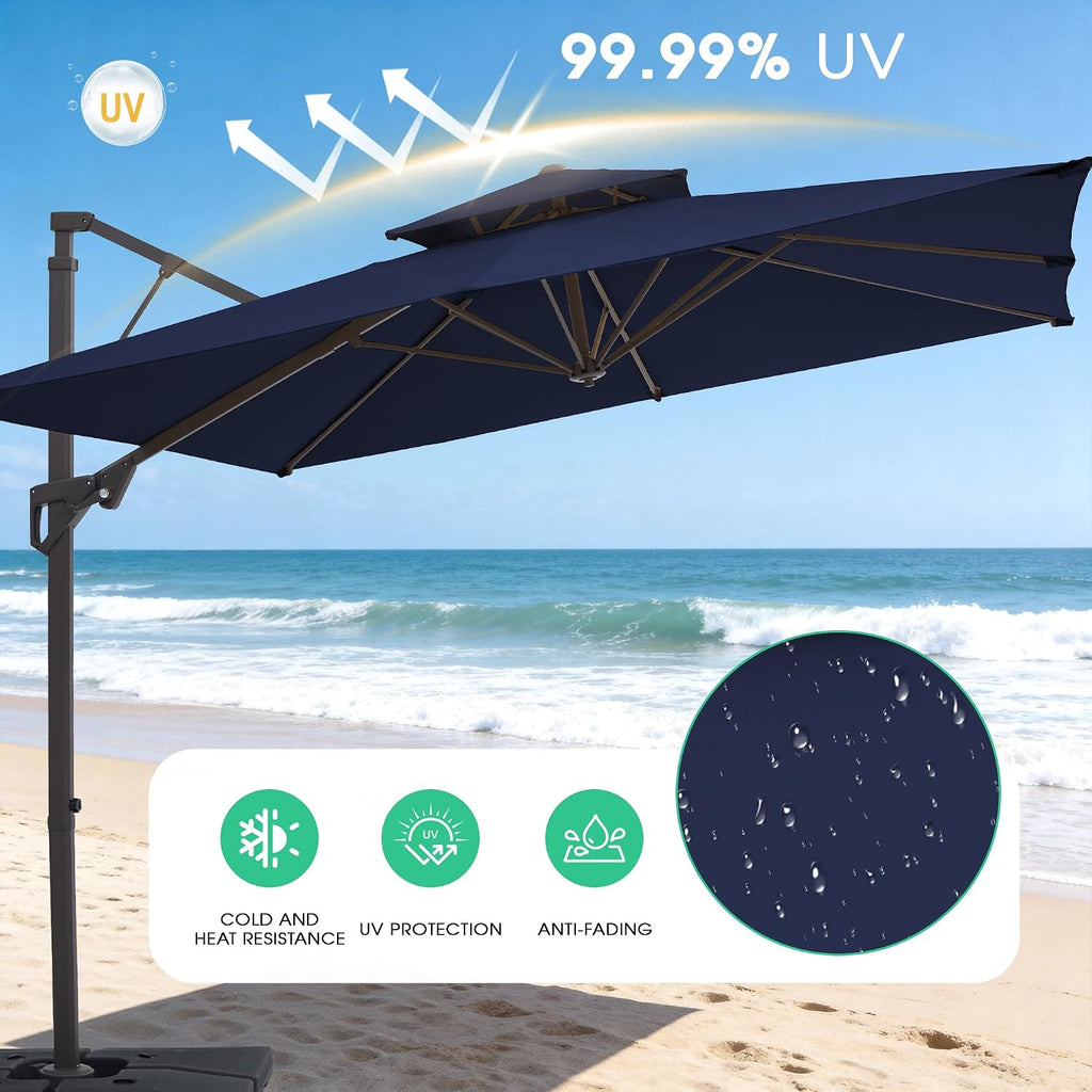 9x9 ft 2-Tier Cantilever Patio Umbrella, Large Square Outdoor Offset Umbrella with Double Top Vent and 360-degree - Navy